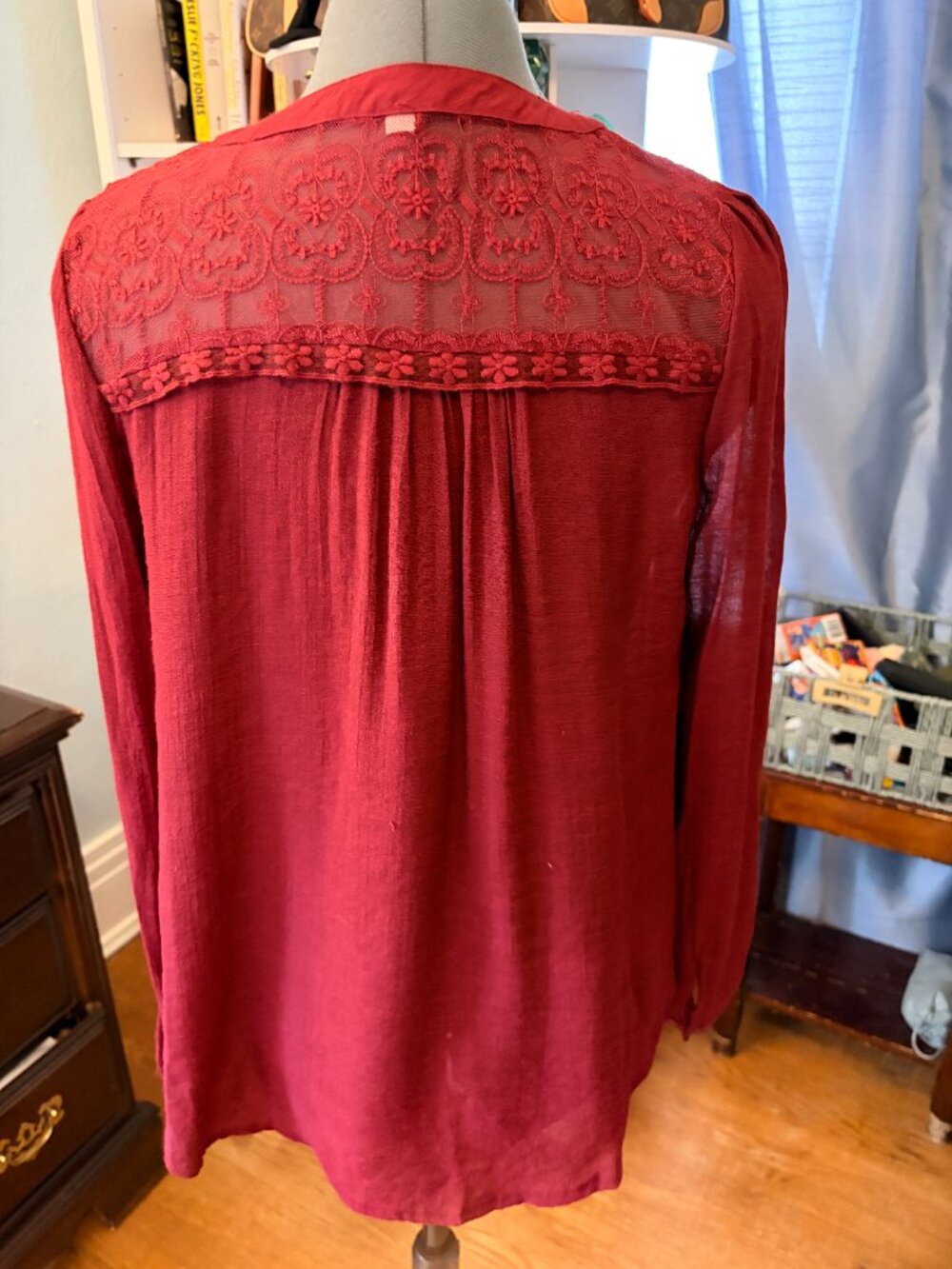 MINE Burgundy Wine Red Lace Yoke Blouse L Cottagecore Romantic Boho Festival - Picture 2 of 15